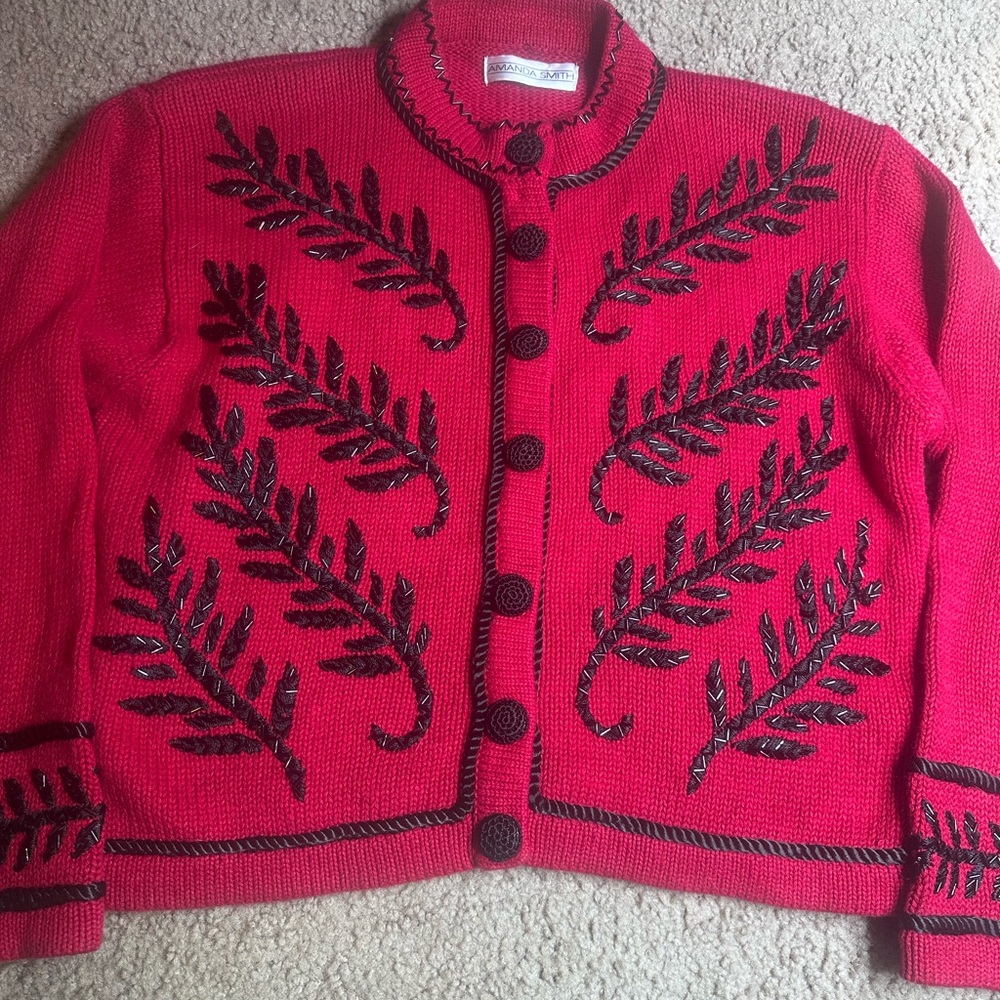 Amanda Smith STUNNING Red CARDIGAN Black Leaf Beaded Design Button Up LARGE